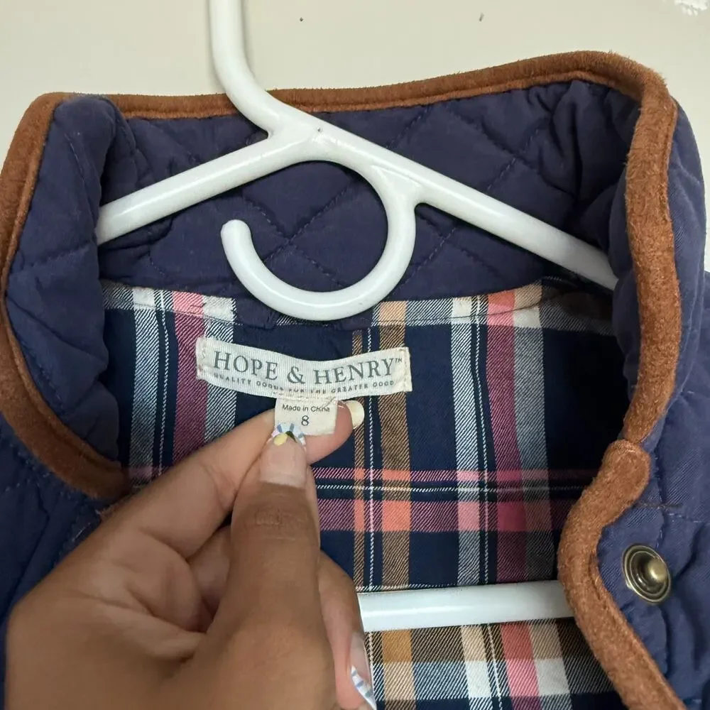 Hope & Henry Girls Organic Cotton Lined Coat 8 Blue Quilted Riding Chore Barn